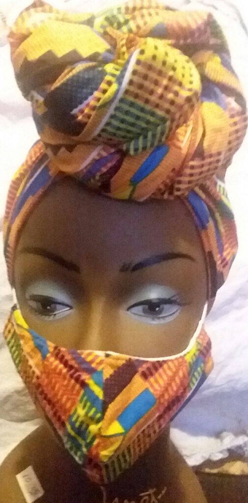 Orange/Blue Kente head wrap and mask set